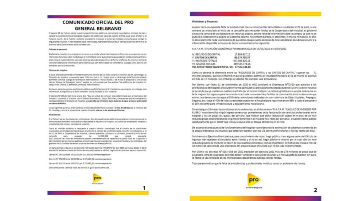 GRAL BELGRANO: Fuerte denuncia del PRO al gobierno de DINAPOLI