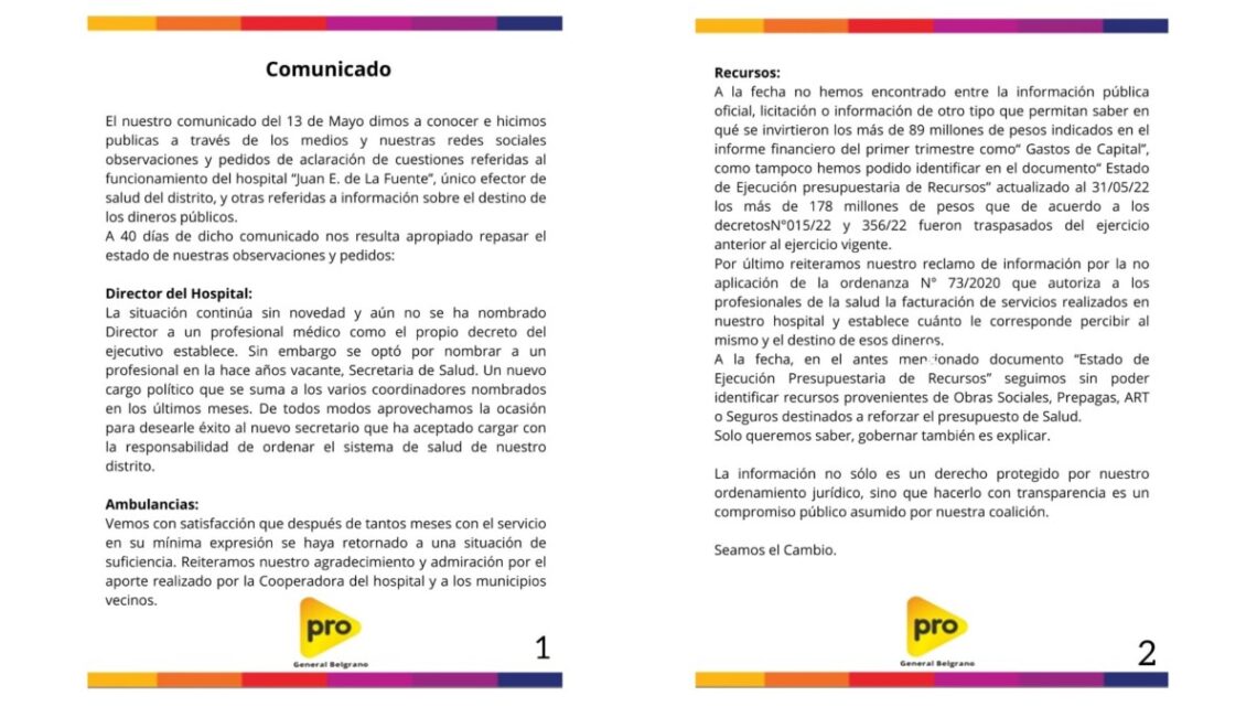 El gobierno de Dinapoli sigue sin dar respuestas a los requerimientos del PRO respecto a la necesidad de una transparencia en el Hospital