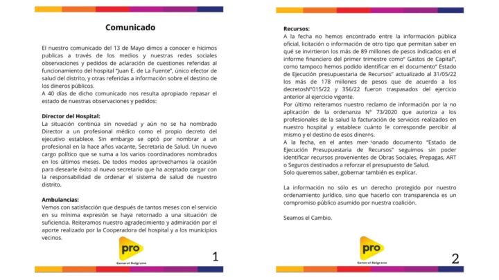 El gobierno de Dinapoli sigue sin dar respuestas a los requerimientos del PRO respecto a la necesidad de una transparencia en el Hospital