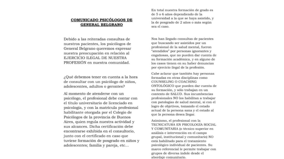 GRAL BELGRANO: El grupo de Psicólogos y Psicólogas expresó su preocupación ante el ejercicio ilegal de la Profesión en esta Comunidad. GRAL BELGRANO: El grupo de Psicólogos y Psicólogas expresó su preocupación ante el ejercicio ilegal de la Profesión en esta Comunidad.
