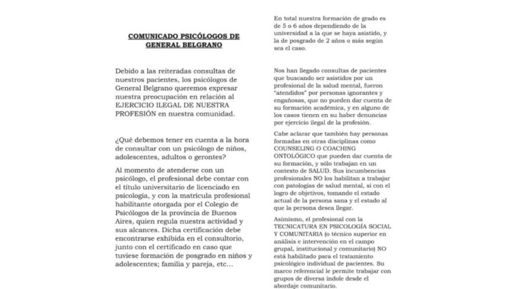 GRAL BELGRANO: El grupo de Psicólogos y Psicólogas expresó su preocupación ante el ejercicio ilegal de la Profesión en esta Comunidad.