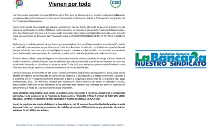 Enérgico repudio del Sindicato La Bancaria al comunicado del PRO